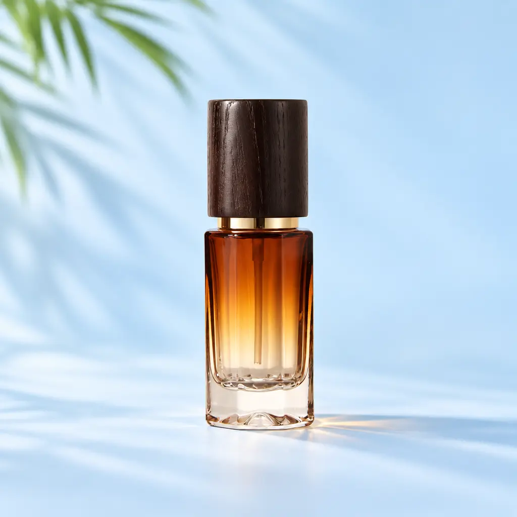 30ml amber gradient glass fine mist spray bottle with dark wood cap