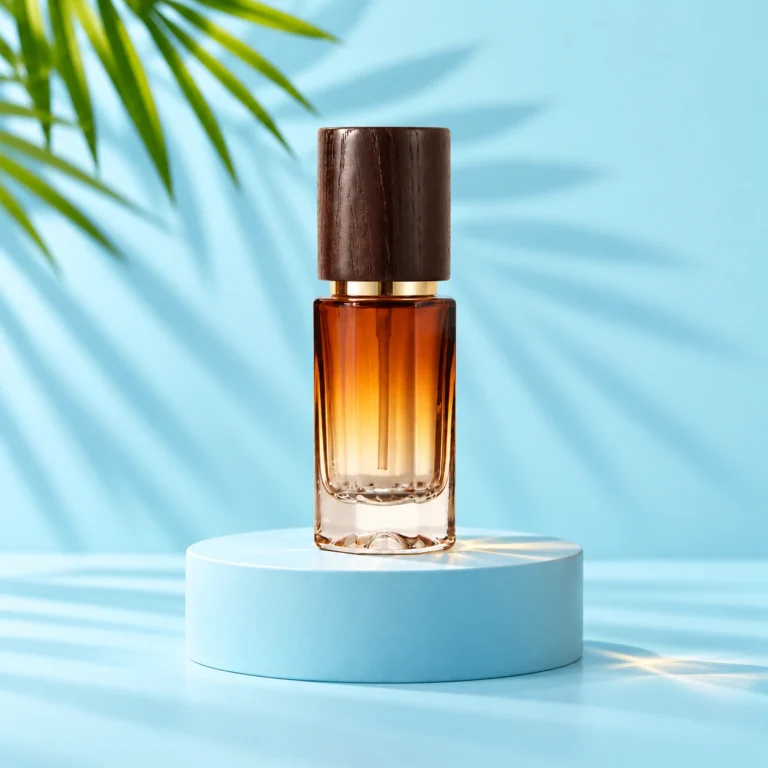 Compact amber-to-clear glass spray bottle with a dark wood cap on a cyan display platform beneath green palm leaves