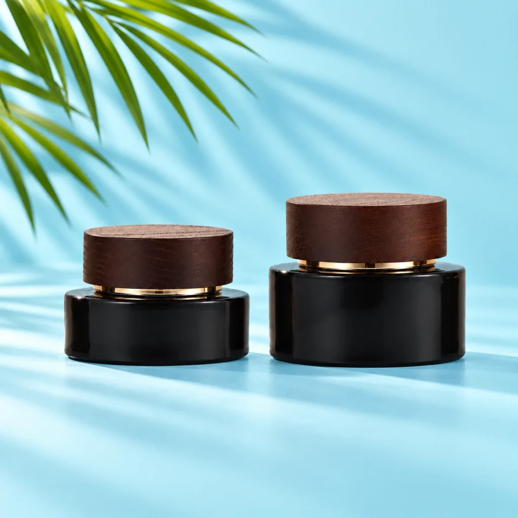 Two black glass cream jars with dark wood lids and gold collars on a cyan tabletop beneath visible green palm leaves
