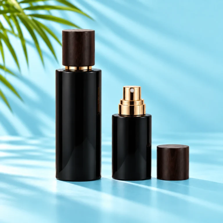 Tall capped black glass bottle and compact black spray bottle with gold atomizer and detached wood cap on a cyan tabletop beneath green palm foliage