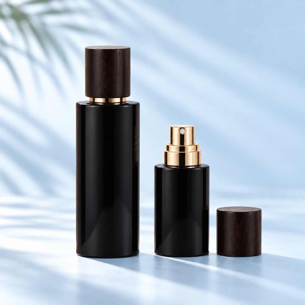 Black glass cosmetic spray and lotion bottles with dark solid wood caps and gold spray pump