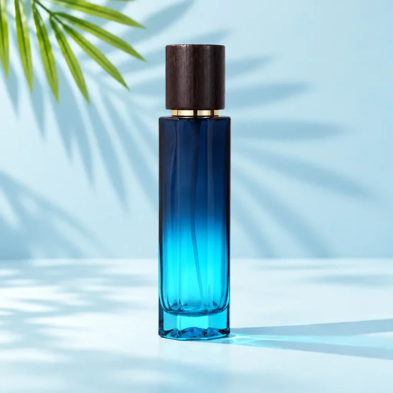 120ml blue glass fine mist spray bottle with dark wood cap and gold collar