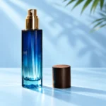 Blue Gradient Glass Spray Bottle with Dark Wood Cap – Front View