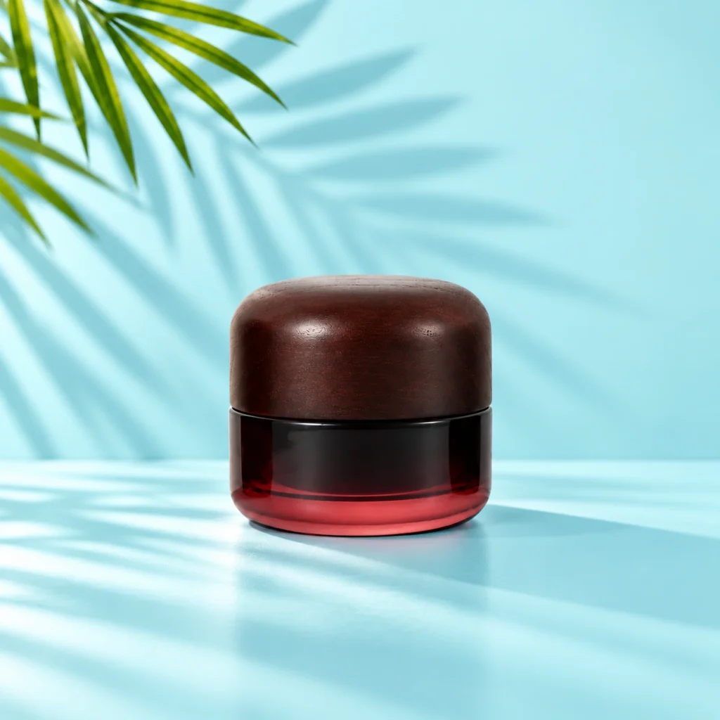Medium profile burgundy gradient glass cream jar with a dark rounded wood lid on a light cyan tabletop with visible green palm leaves
