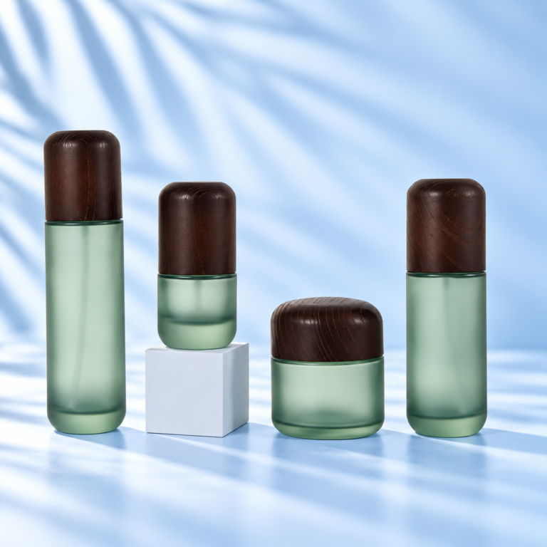 Green glass skincare bottles and matching cream jar with dark solid wood caps