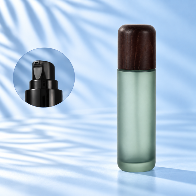 Frosted green glass lotion bottle with solid wood cap and black lotion pump option