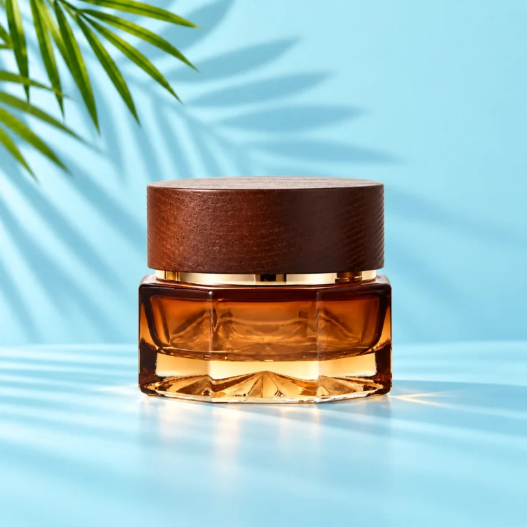 Octagonal amber glass cream jar with a flat dark wood lid and gold rim on a cyan tabletop with visible green palm leaves