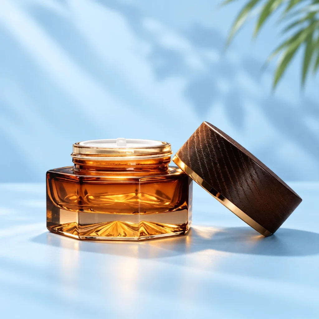 Octagonal Amber Glass Cream Jar – Open Wood Lid View