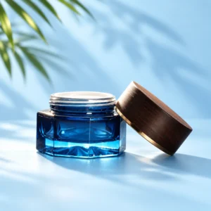Octagonal Blue Glass Cream Jar – Open Wood Lid View