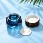 Octagonal Blue Glass Cream Jar – Inner Lid and Pull Tab Seal