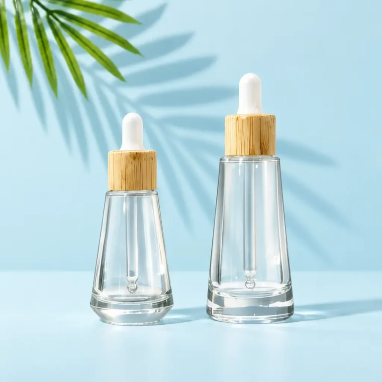 Clear tapered glass dropper bottle samples with bamboo collars and white bulbs