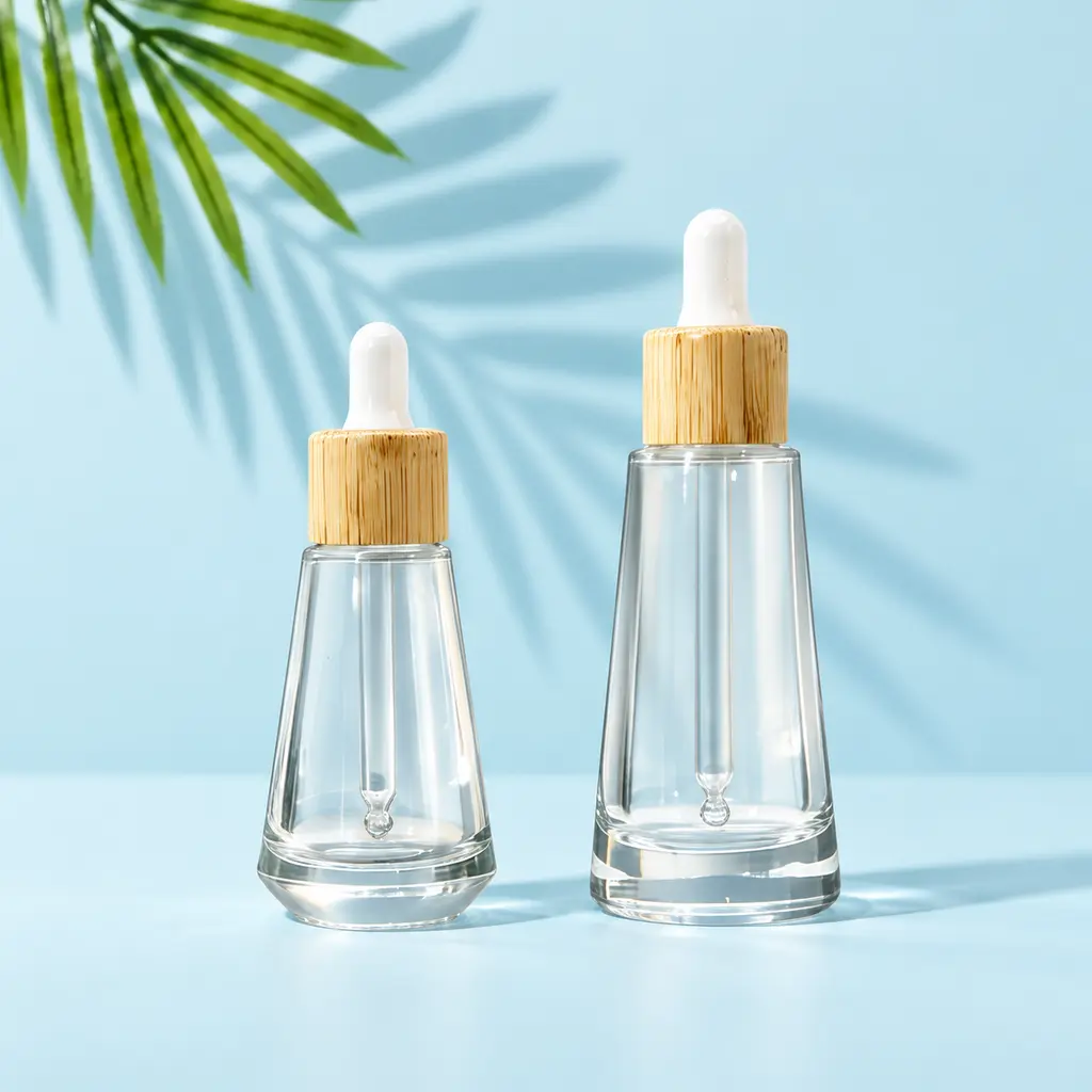 Clear tapered glass dropper bottle samples with bamboo collars and white bulbs
