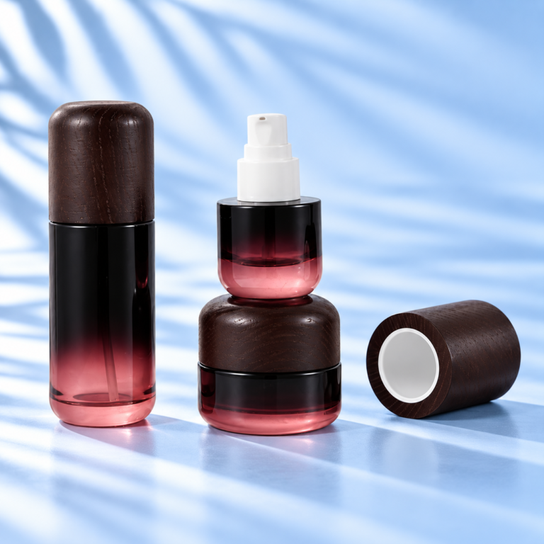 burgundy glass lotion bottle with exposed white pump and matching cream jar