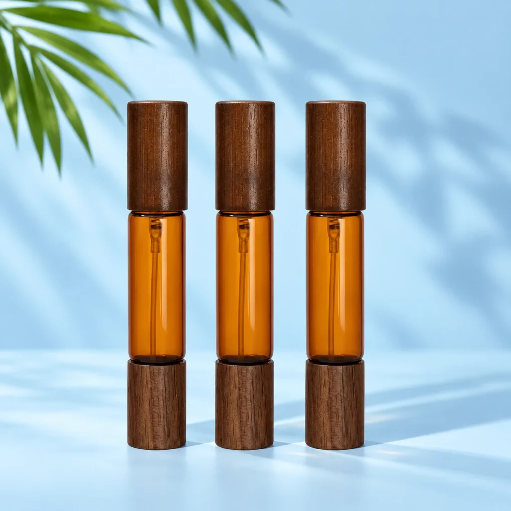 Three amber double ended glass perfume bottles with dark wood caps on both ends on a pale blue cyan tabletop