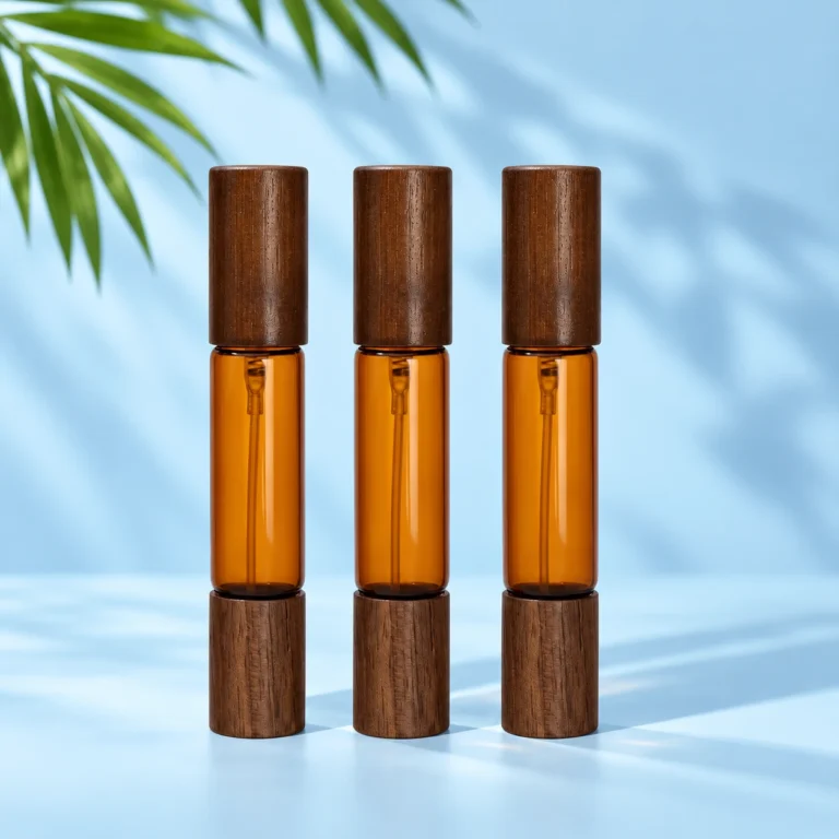 Three amber double ended glass perfume bottles with dark wood caps on both ends on a pale blue cyan tabletop