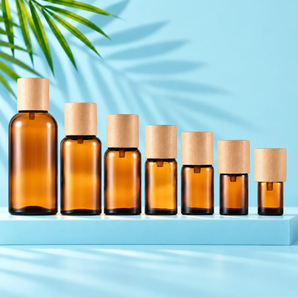 Seven amber glass essential oil bottles with light natural wood caps arranged on a cyan rectangular platform with a matching mint background and green palm leaves