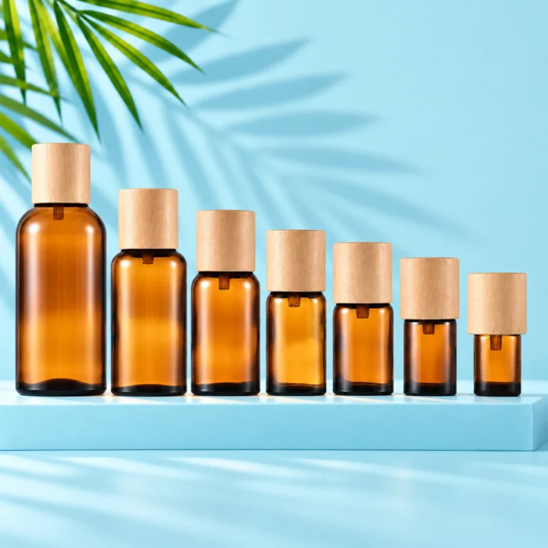 Seven amber glass essential oil bottles with light natural wood caps arranged on a cyan rectangular platform with a matching mint background and green palm leaves