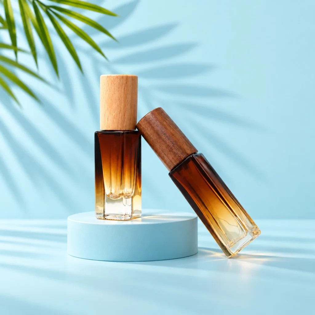 Two amber gradient glass perfume spray bottles with light and dark wood caps on a mint platform with green palm leaves