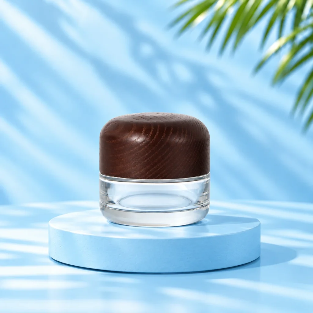 Clear glass cream jar with rounded dark wood lid on a cyan platform, nominal 50g version.