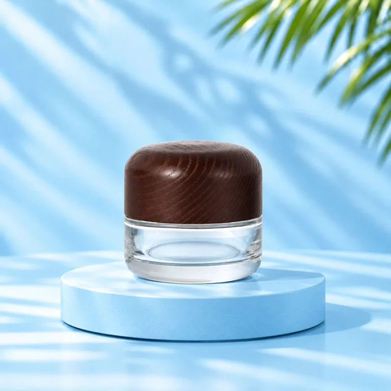 Clear glass cream jar with rounded dark wood lid on a cyan platform, nominal 50g version.