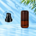 Compact 30ml amber glass lotion bottle with rounded dark wood cap and black pump closeup on cyan background.
