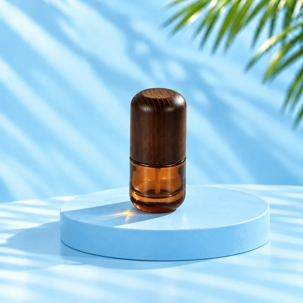 Compact amber glass lotion bottle with rounded dark wood cap on a cyan circular platform.