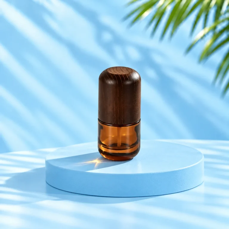 Compact amber glass lotion bottle with rounded dark wood cap on a cyan circular platform.