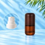 Compact 30ml amber glass lotion bottle with rounded dark wood cap and white pump closeup on cyan background.
