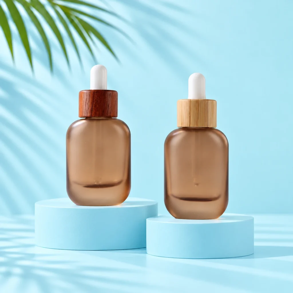 Two frosted brown glass dropper bottles with bamboo and sapele wood collars on matching pale blue platforms.
