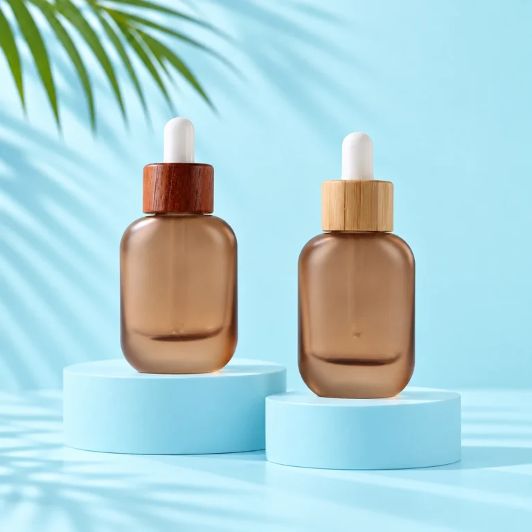 Two frosted brown glass dropper bottles with bamboo and sapele wood collars on matching pale blue platforms.