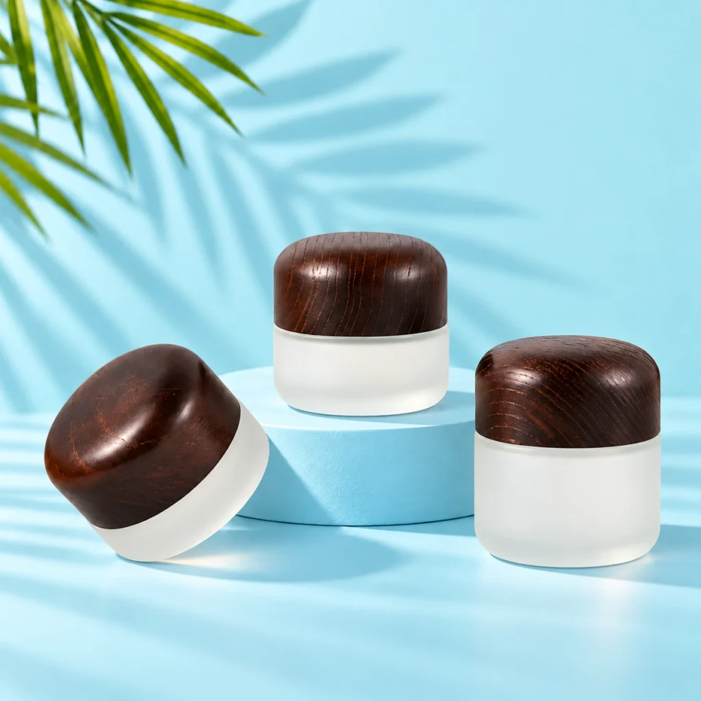 Three frosted glass cream jars with rounded dark wood lids on a mint tabletop and matching cyan display platform with green palm foliage