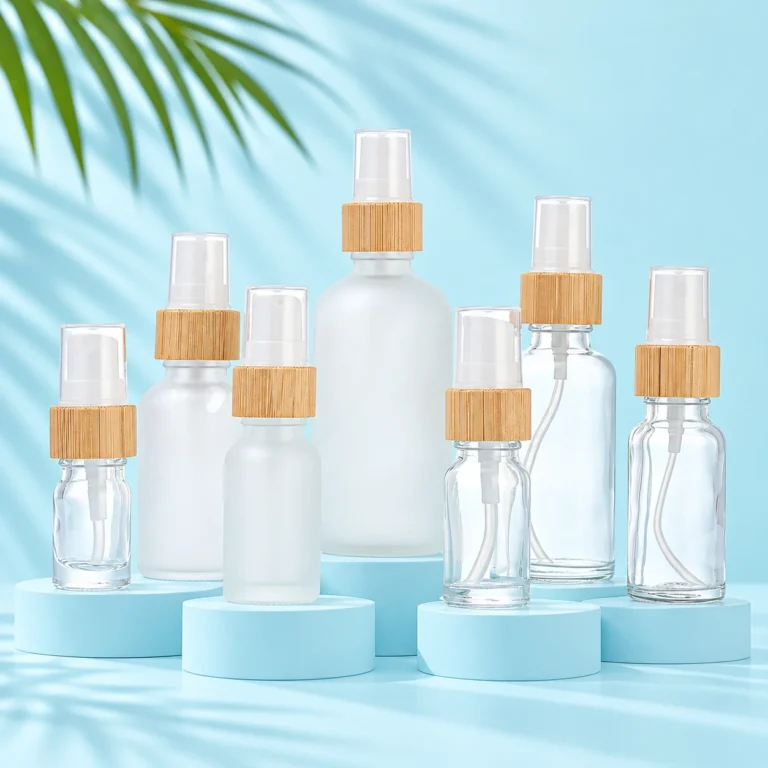Seven clear and frosted rounded shoulder glass bottles with bamboo collars and protective caps on a pale blue cyan tabletop with green palm leaves