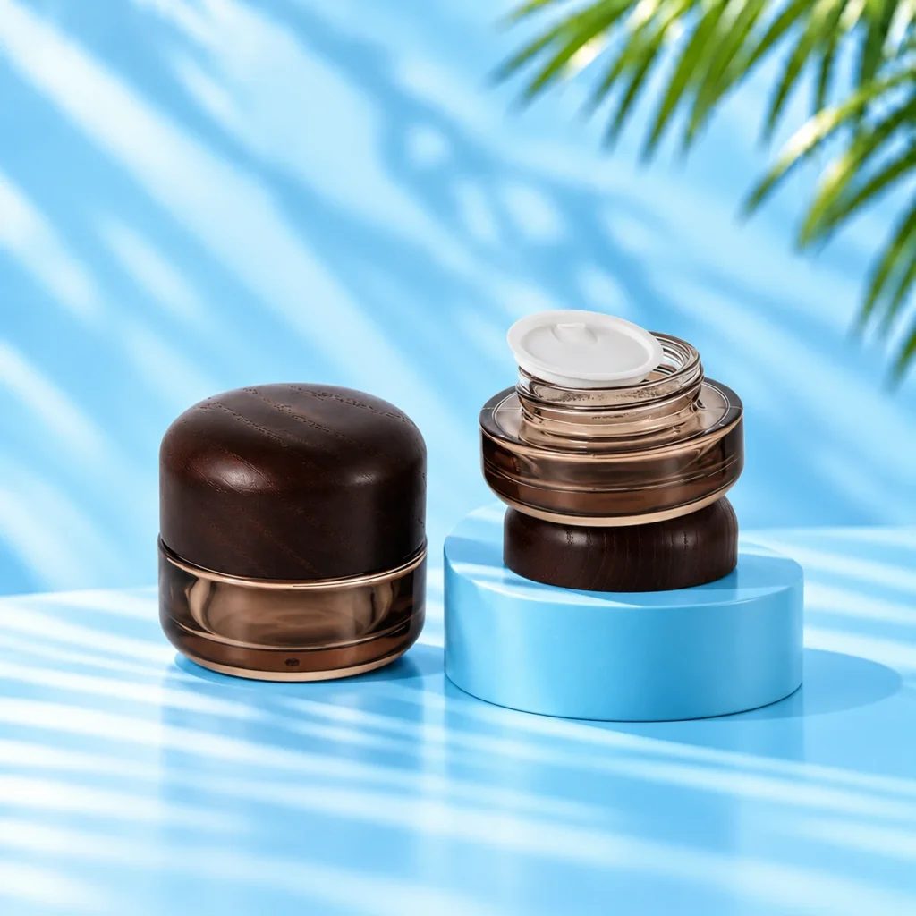 Two smoke gray glass cream jars with rounded wood lids, showing a closed jar and an open jar with white inner liner on a cyan platform.