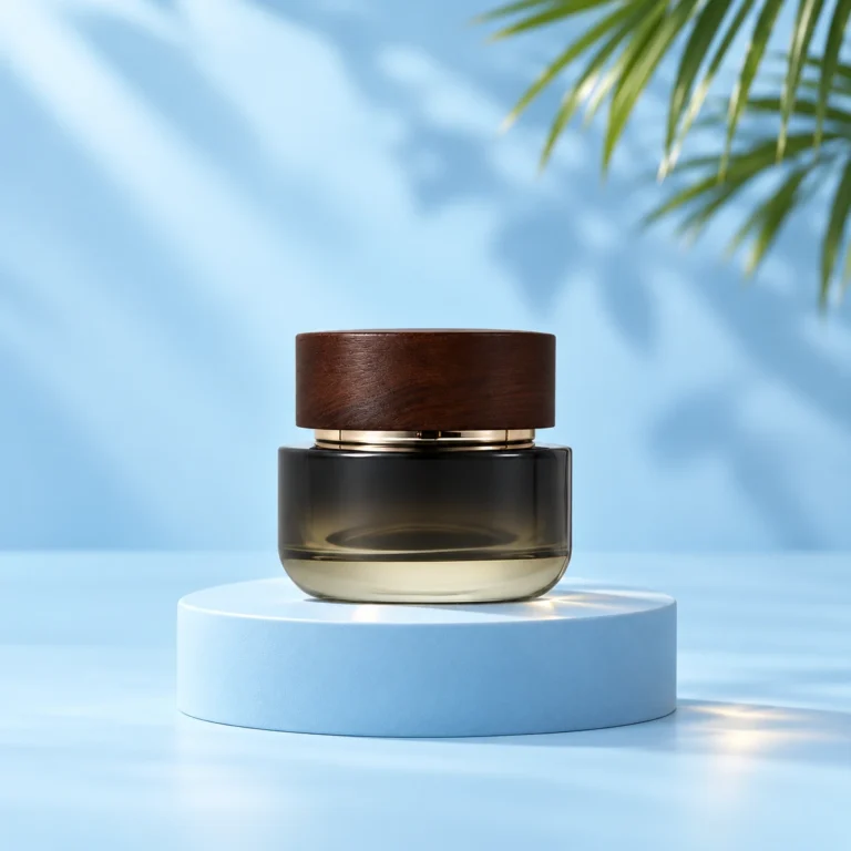 Smoky Black Gradient Glass Cream Jar with Wood Lid – Pedestal View