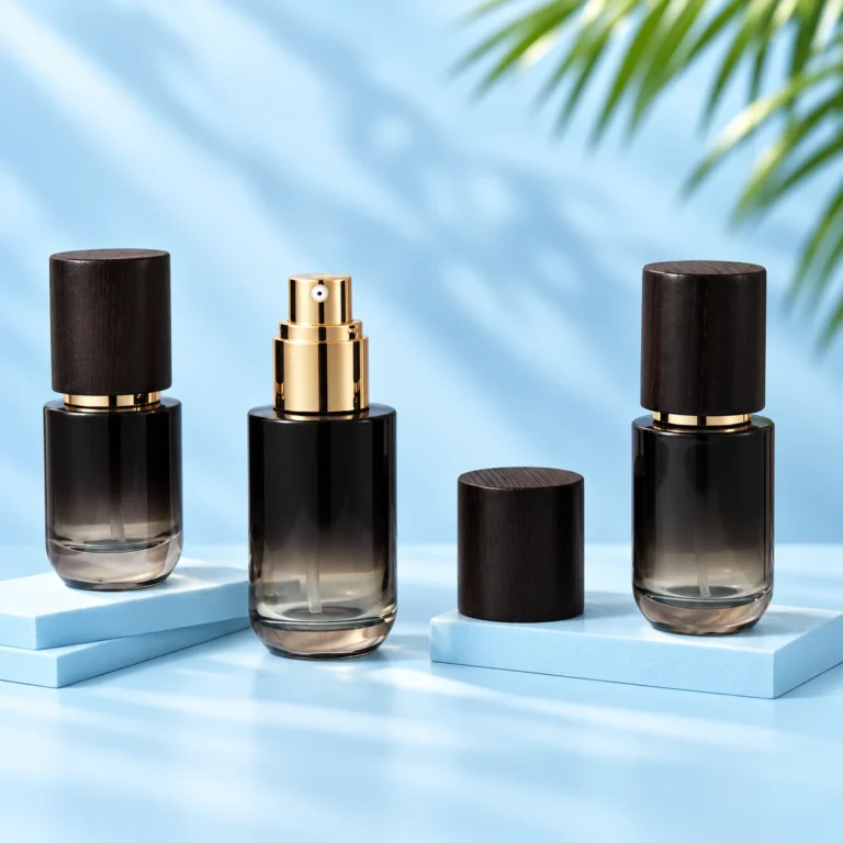 Smoky Black Gradient Glass Spray Bottles with Wood Caps – Lineup