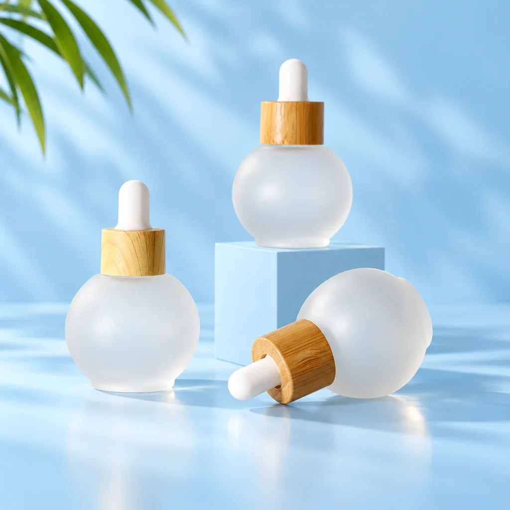 Spherical Frosted Glass Dropper Bottles with Bamboo Collars – Collection