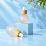 Spherical Frosted Glass Dropper Bottles with Bamboo Collars – Pair