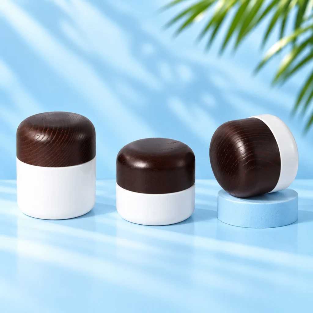 Three opaque white cream jars with rounded dark wood lids, shown upright and tilted on a cyan tabletop and pedestal.