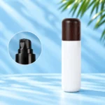 Tall opaque white lotion bottle with rounded dark wood cap and separate framed black lotion pump detail on a cyan background.