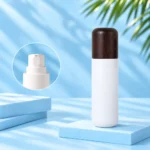 Tall opaque white lotion bottle with rounded dark wood cap and separate framed white lotion pump detail on a cyan background.