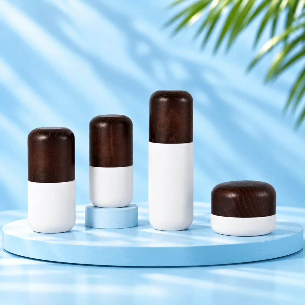 Three opaque white lotion bottles and a matching white cream jar with rounded dark wood closures on a cyan circular platform.